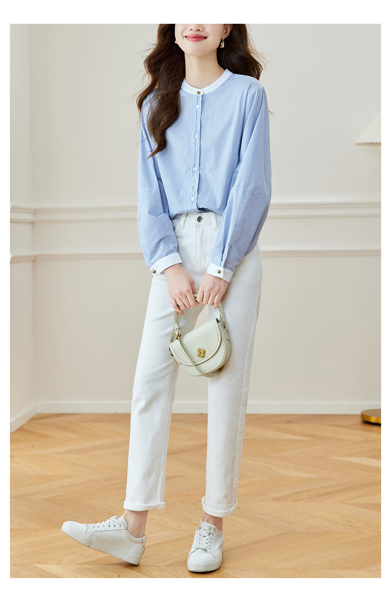 K Blue Striped Shirt, Women's Long Sleeved New Round Neck Top, Fashionable And Versatile, Loose And Slimming Shirt_ecoleips.com