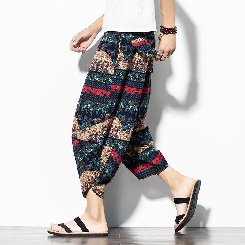 Pantalones anchos de algodón y lino gordo de verano para hombres pantalones de flores recortados sueltos de gran tamaño pantalones de estilo étnico pantalones de elefante tailandés