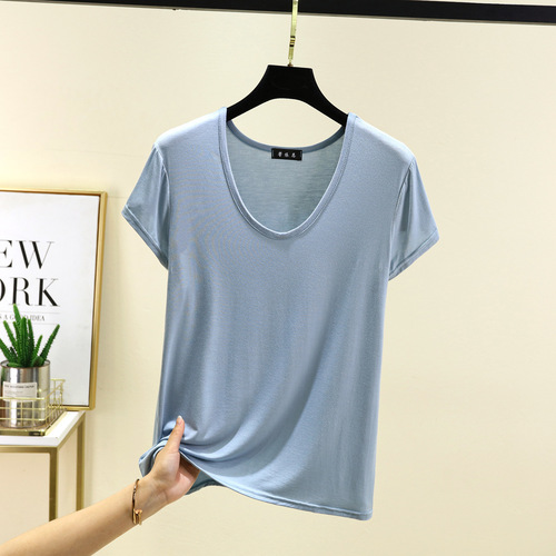 Summer Modal Elliptical Collar Short-Sleeve Women's Solid Color Casual Loose Slimming Versatile Top