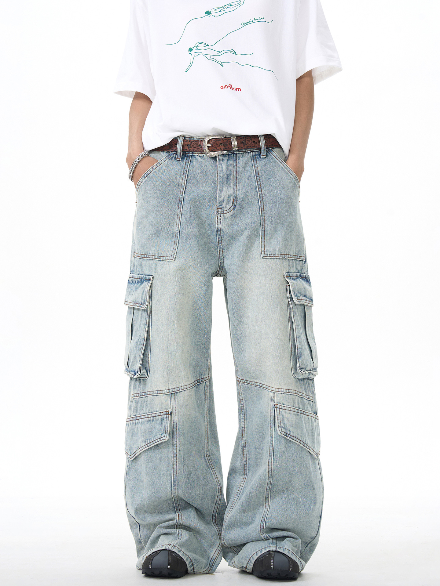 美式复古大口袋工装裤水洗做旧牛仔裤男女宽松直筒阔腿拖地长裤子