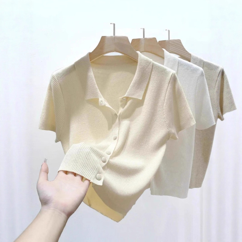 Thin Polo Collar Sweater Women's Summer Temperament Slim Short Sleeve Small Solid Color Easiest for Match Short Cardigan Top