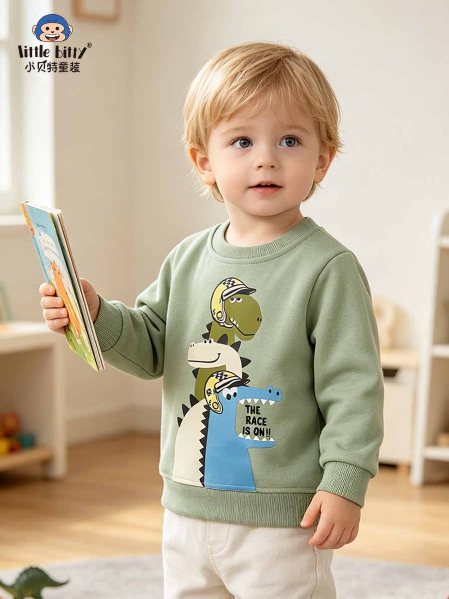 Casual autumn and winter children's long-sleeve sweatshirt with cartoon animal print, round neck, fashionable boys' sweatshirt for kids aged 2-6