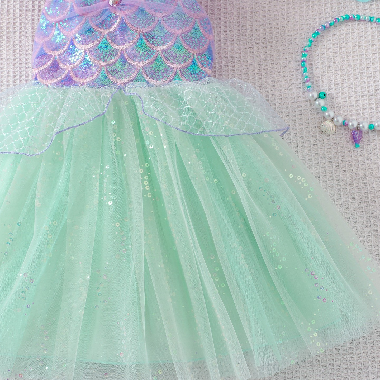Girls' Summer Hot-Selling Flutter Sleeve Strap Mesh With Sparkling Sequins Mermaid Princess Dress_voghion.com