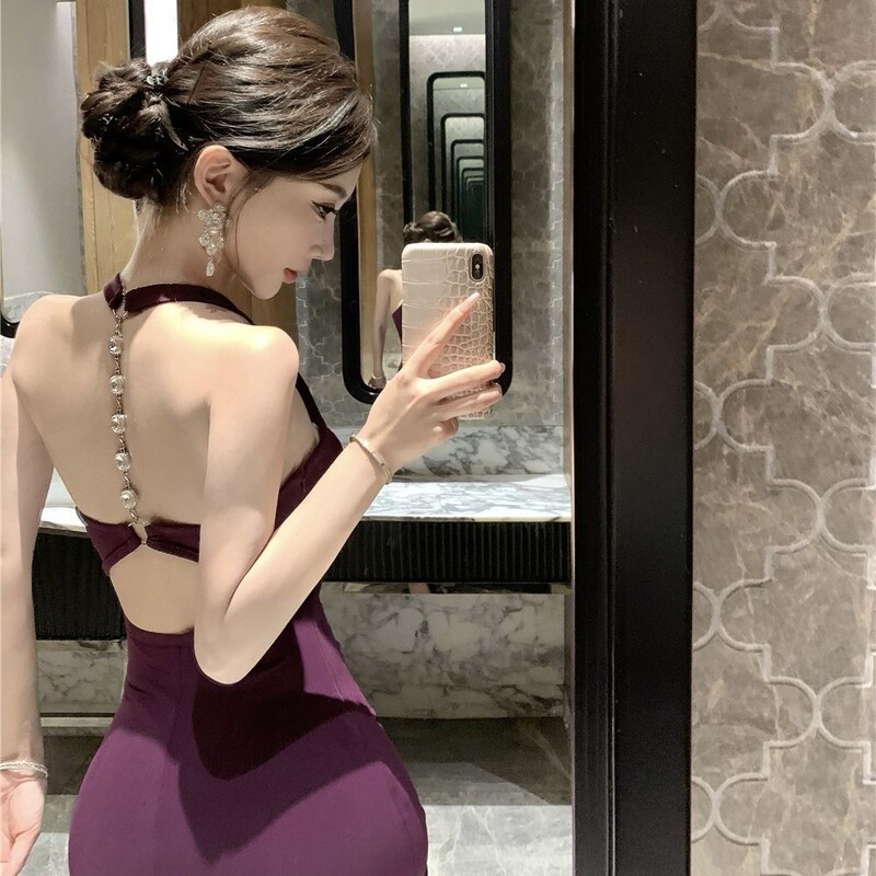 设计感露背挂脖连衣裙女夏季御姐风修身礼服长裙黑色气质包臀裙子|undefined