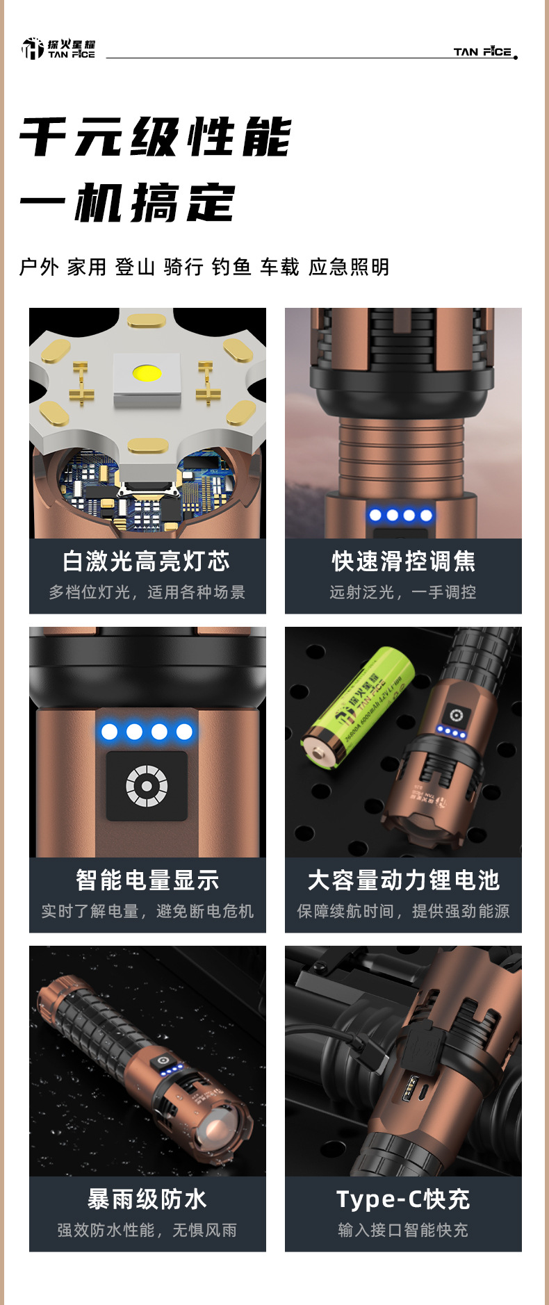 Aluminum Alloy Flashlight, Outdoor Strong Light, High Lumen, Super Bright, Long-Lasting Spotlight, Mountaineering Multi-Functional Work Light