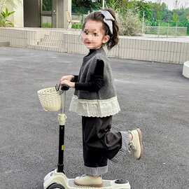 女童2025春秋毛线马甲套装宝宝春装新款韩版洋气儿童背心三件套潮