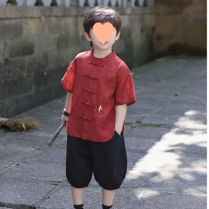 男の子の新しい中国風の漢服と唐服、中型と大型の子供用中華民国風刺繍レトロインターネットセレブ花柄シャツスーツラウンドネックトレンディ|undefined