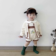 韩版秋装婴幼儿针织口袋绣花毛衣开衫外套女宝宝百搭背带哈衣爬服