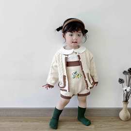 韩版秋装婴幼儿针织口袋绣花毛衣开衫外套女宝宝百搭背带哈衣爬服