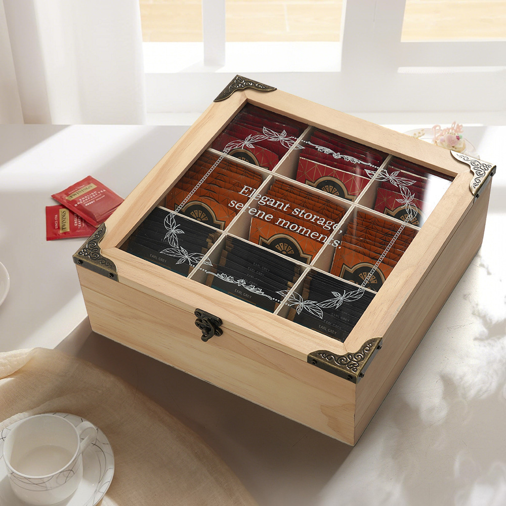2025 transparent pattern glass cover wooden 9-compartment tea bag storage box coffee capsule storage dust-proof finishing box