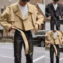 跨境外贸2025秋季新款男士时髦宽松夹克腰带翻领工装短款风衣外套