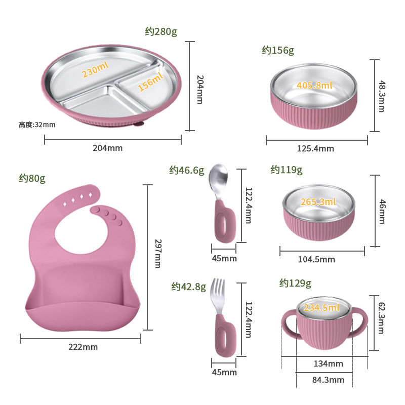 Venta directa de fábrica, vajilla infantil de silicona y acero inoxidable, juego de vajilla creativo de acero inoxidable, tazón de silicona infantil.