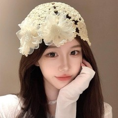 韓国風立体花中空ニット帽女性用2025春新スタイル小顔と大きな頭囲薄い包頭帽子