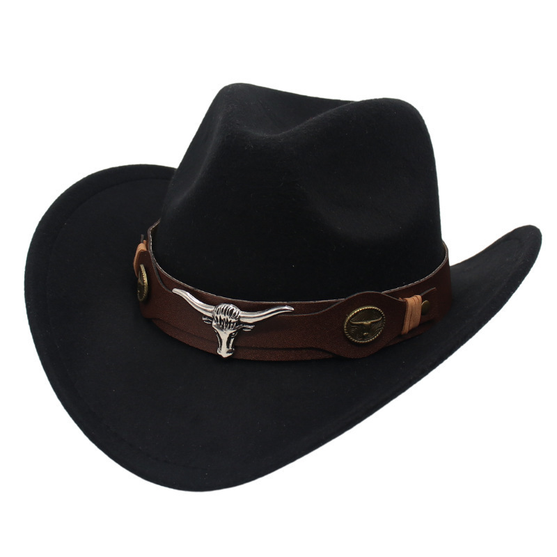 Foreign Trade Xizang-Style Hats, Western Cowboy Hats with Cow Head Accessories, Felt Hats, Ethnic Style Wholesale Hats for Men and Women