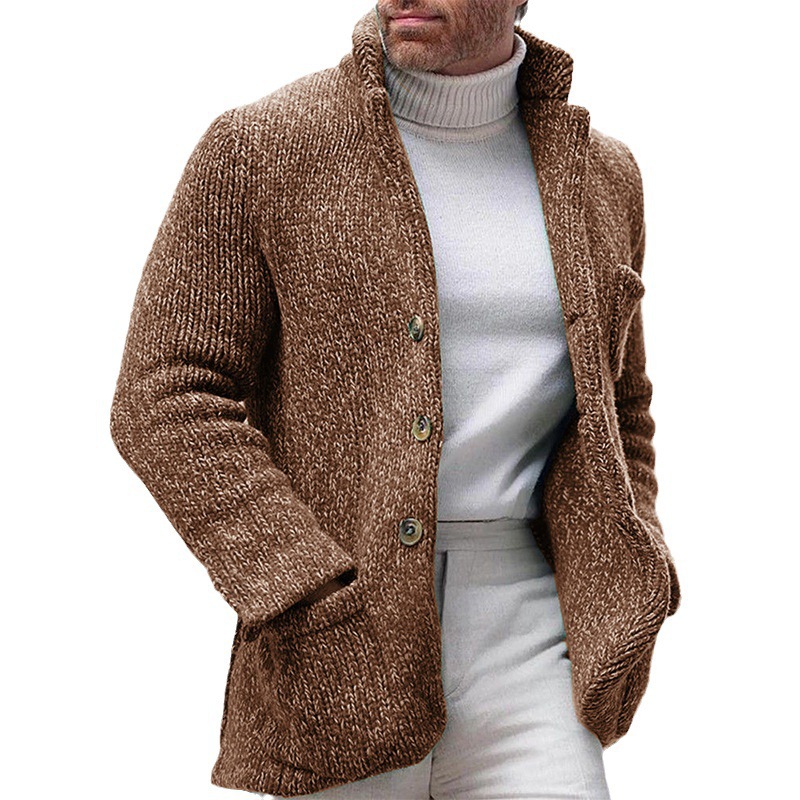 Neue gestrickte Stehkragen Langarm Herbst/Winter Einreiher Tasche Strickjacke Casual Herrenjacke_voghion.com