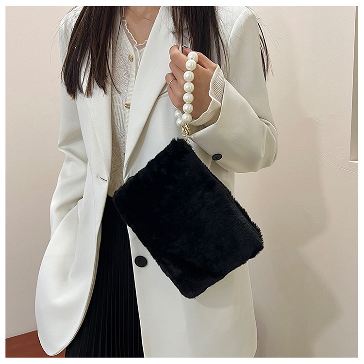 135g Weight Synthetic Leather Lining Material Pearls, Sewing Thread Fashion Element Zipper Closure Type Top Handle Strap Type Handbag Bags Type Casual, Shopping Occasion Plush Material Solid Color Pattern Winter Season Women's Gender Elegant Style Square Shape Women's Plush Solid Color Elegant Pearls Sewing Thread Square Zipper Handbag 8