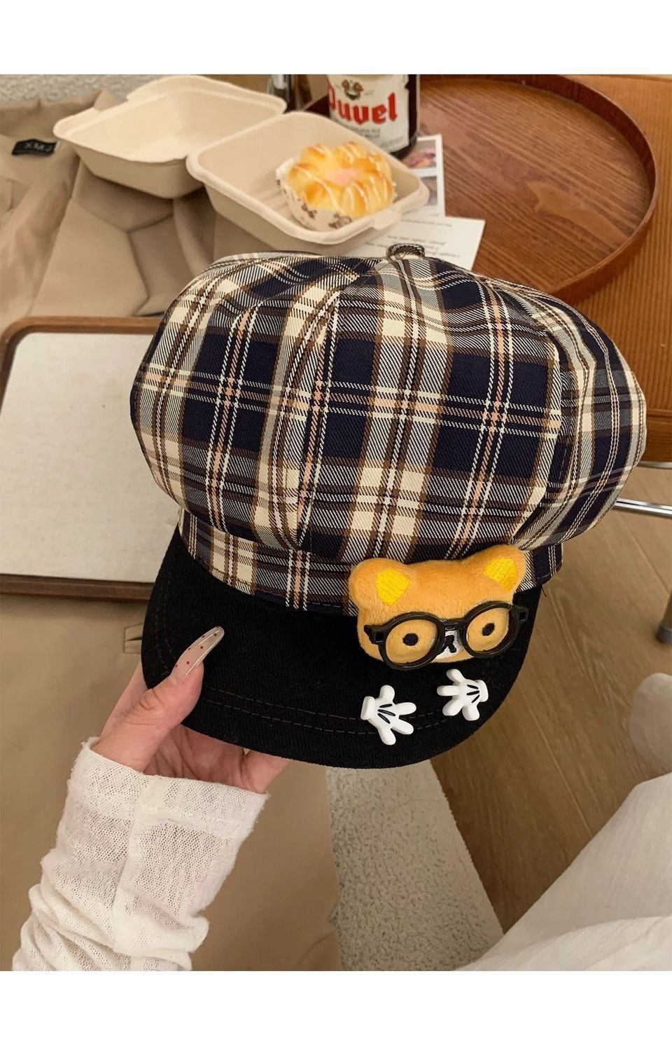 Cute Cartoon Bear Beret Hat For Women Plaid Octagonal Cap Style_voghion.com