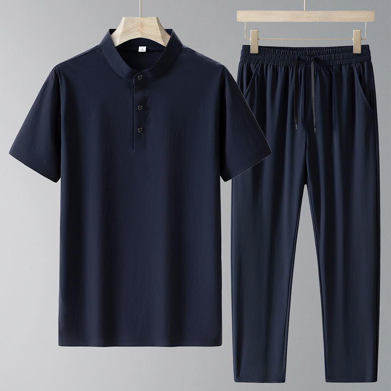 Traje de verano para papá 2025 nueva camiseta de manga corta con cuello alto para hombre de seda de hielo pantalones casuales delgados de secado rápido de verano