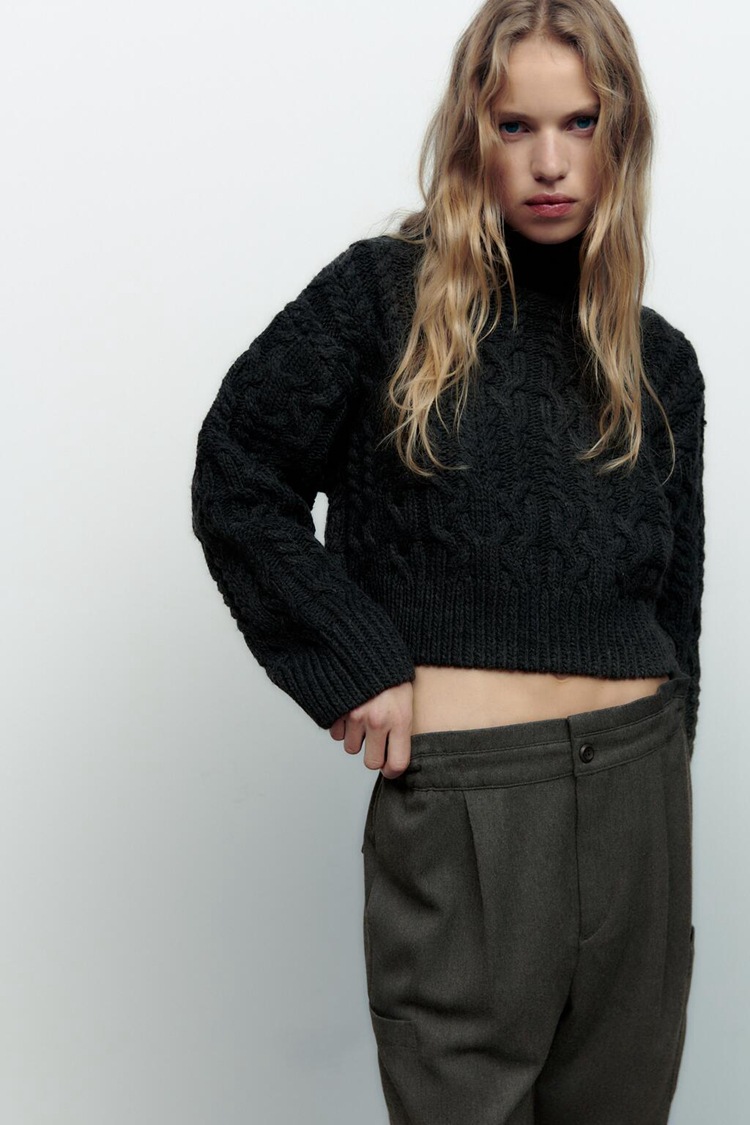 ZA2022同款欧美女装秋季新款时尚立领长袖编织装饰套头针织衫