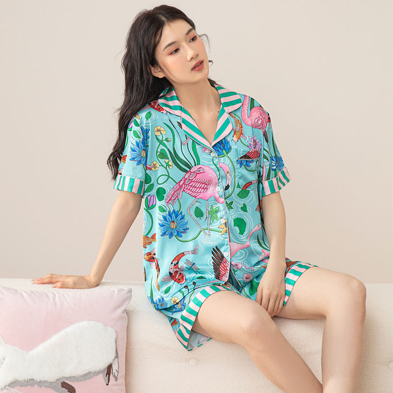 Summer Korean Style Women's Pajamas, Thin Short-Sleeved Shorts, Silk Suit, Home Wear, Can Be Worn Outside, Breathable, Casual and Comfortable