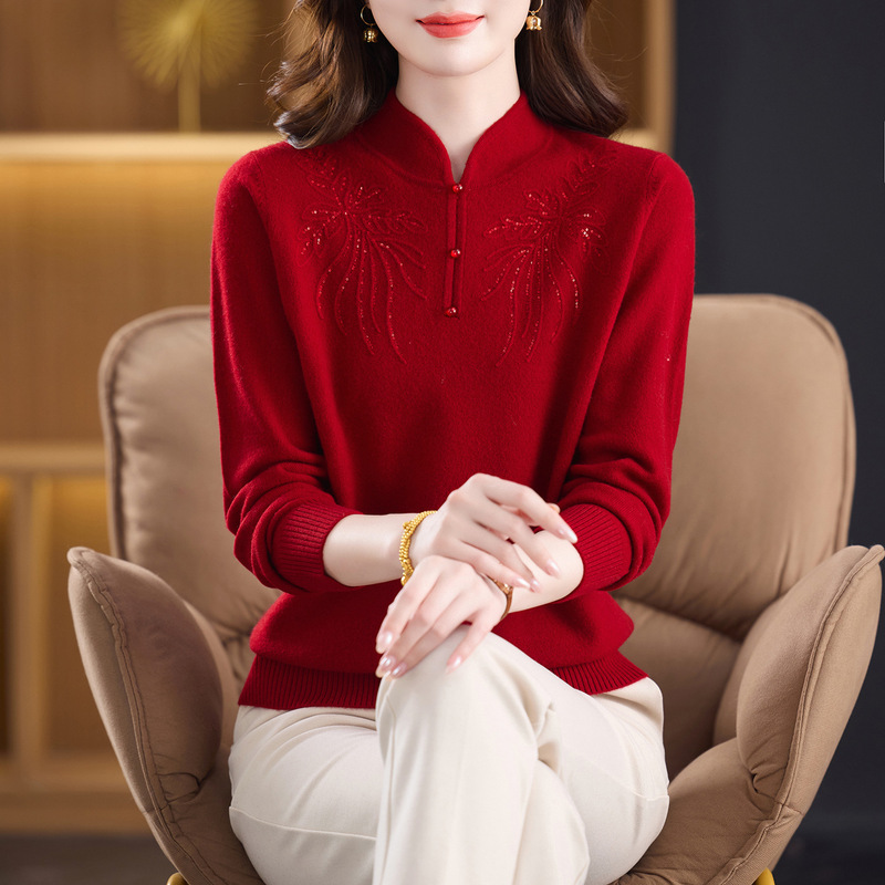 Chandisha Middle-Aged and Elderly Cheongsam Collar 100% Wool Sweater Autumn and Winter Mother and Girl Classy Embroidered Cashmere Sweater Bottoming Shirt