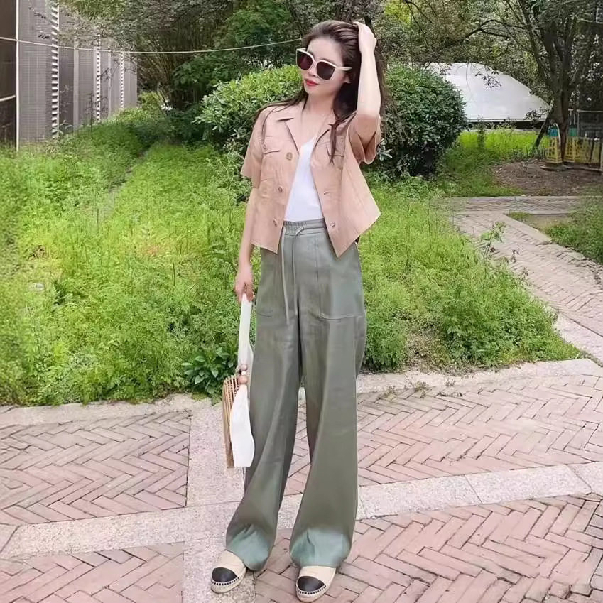 (2개) [쇼핑몰에서 같은 스타일] GODILLAN 2024 여름 새로운 탄성 허리 얇은 스트레이트 린넨 바지 여성용 캐주얼 바지