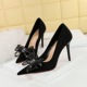 18249-H38 European and American style banquet high heels, slim heels, satin, shallow mouthed pointed rhinestones, lace bow single shoes