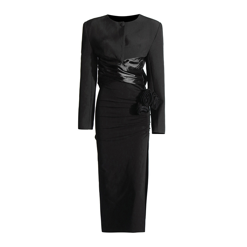 Women's Clothing Fashionable Elegant Solid Color Tie-Neck Top With High-Waist Slit Skirt Set - Chic Women's Outfit For Casual & Evening Wear​​_ecoleips.com