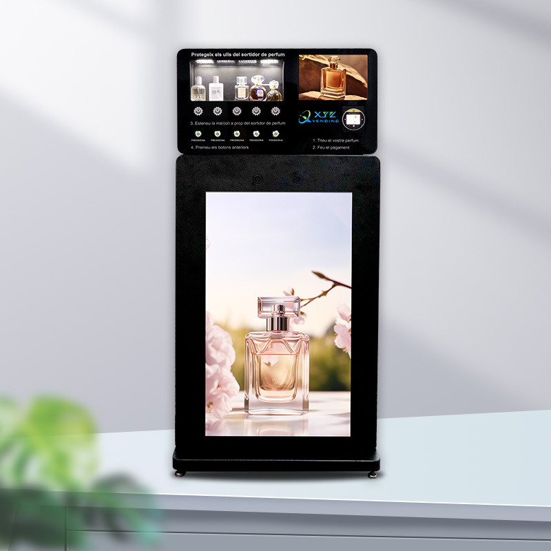 Gabinete de venta de autoservicio de spray automático extranjero, máquina expendedora de perfumes pequeños de IA inteligente, máquina expendedora inteligente vertical no tripulada