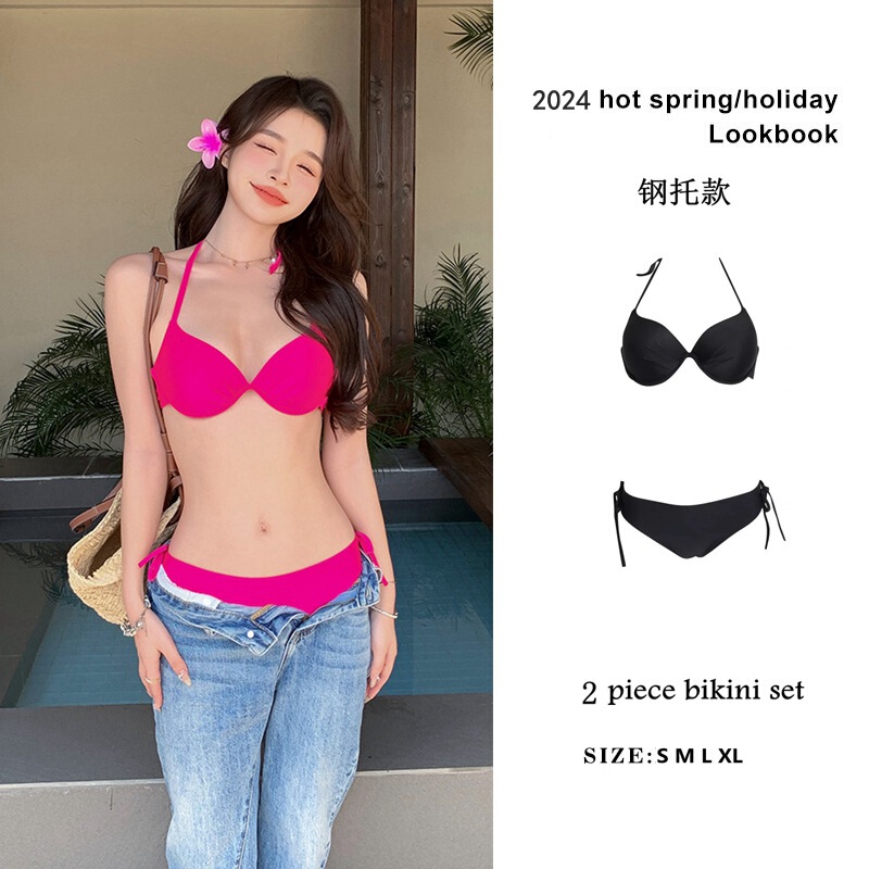 Beach Vacation Hot Spring PINK Pink Rose Red Bikini Swimsuit Women's Steel Bracers Gather Size Chest Sexy Three-point