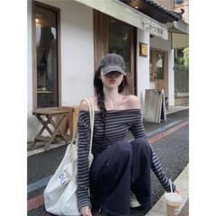 一字肩条纹长袖T恤女2025秋季新款复古松驰感短款收腰小众上衣ins
