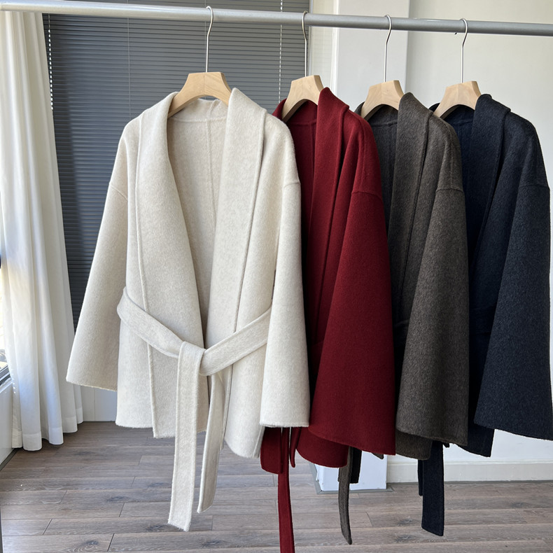 山羊绒天丝羊毛翻领系带收腰双面毛呢大衣 小个子外套秋冬G072503