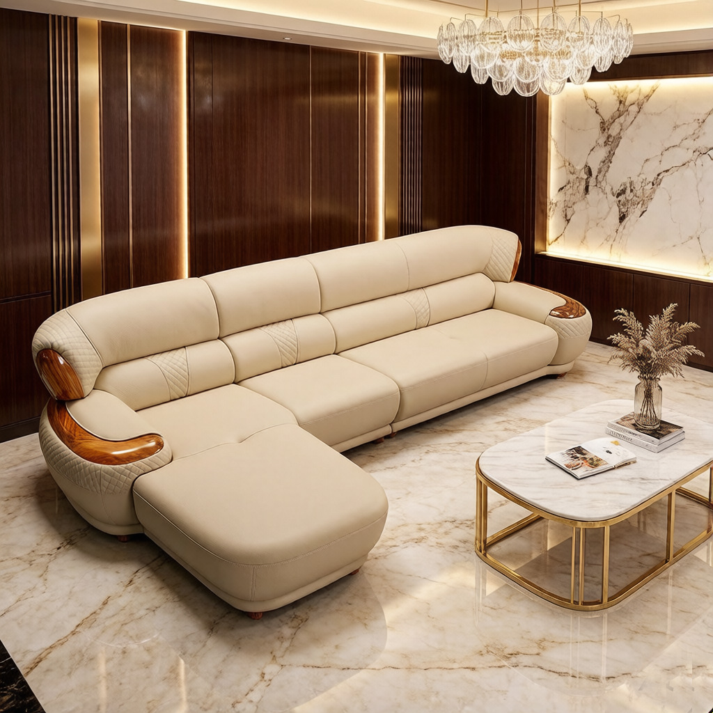 New Chinese-style Ebony Leather Sofa High-end Villa Living Room Leather Art Household Simple Solid Wood Cowhide Corner Combination