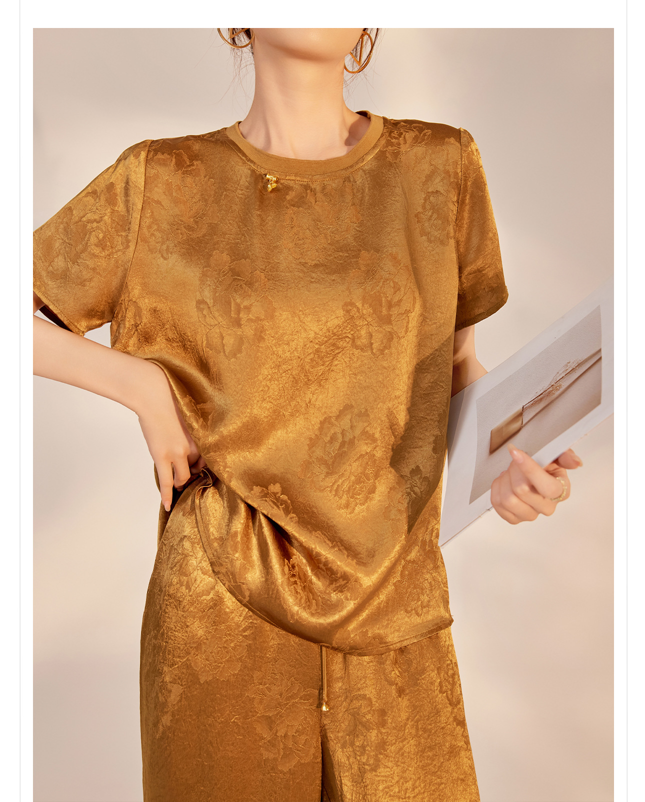 Áo kiểu Trung Quốc mới tay ngắn thêu hoa văn jacquard vải acetate thon gọn — Màu đen, Màu vàng, Màu hồng, Màu mơ chi tiết 21