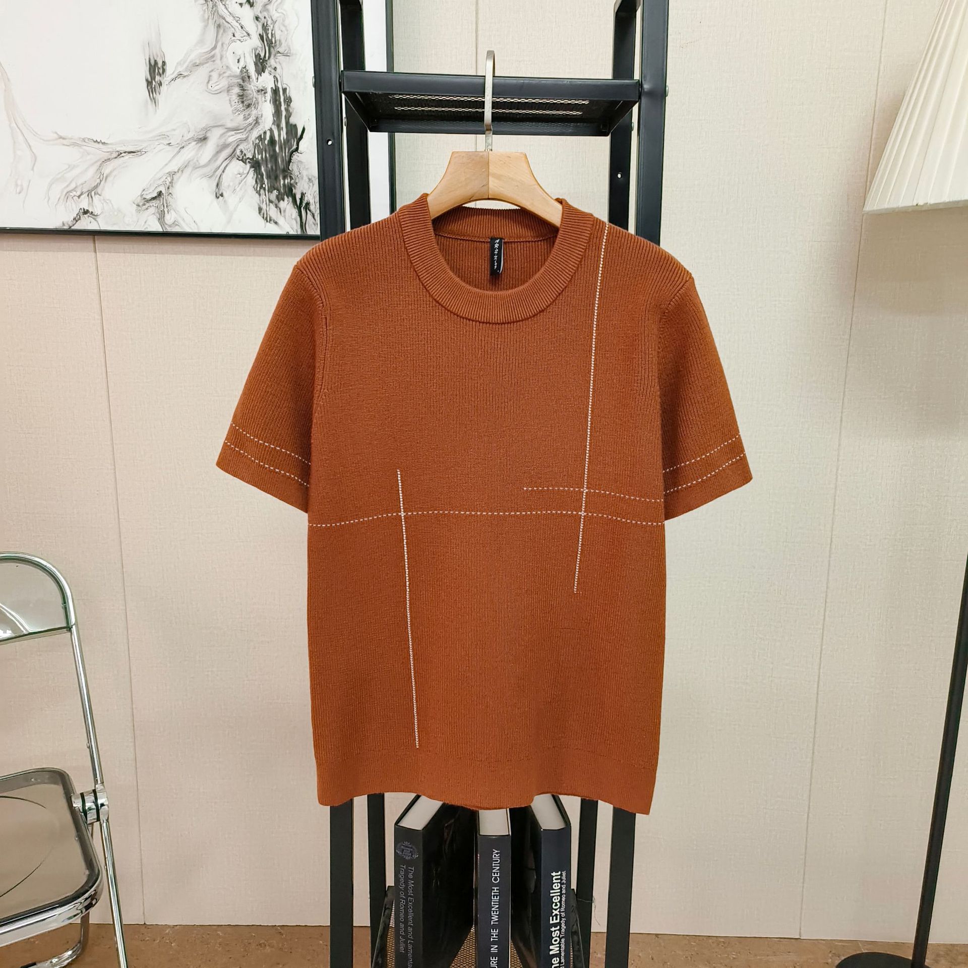 Men's Clothing New autumn and winter style short sleeved contrast color men's tops round neck pullover slim fit fashion handsome men's knitted sweater_senzul.com