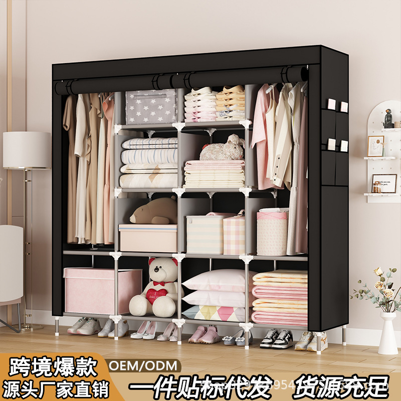 Cross-Border Hot-Selling Factory Direct Sale Wardrobe with 16mm Metal Tubes, Large Capacity, Non-Woven Fabric, Easy Assembly, Export for Home Use