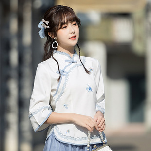 Retro Republic of China Style Student plus size Slimming Women's Tang Suit Embroidered Top Retro Vauze Skirt Daily Two-piece Set for Summer