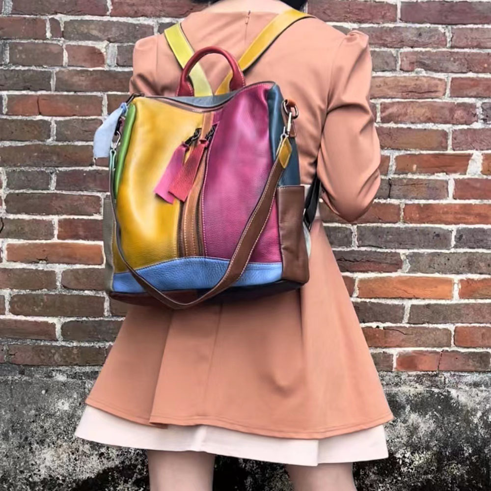 Leather Backpack With Colorful Cowhide Splicing, Single Shoulder Bag, Casual Backpack_voghion.com