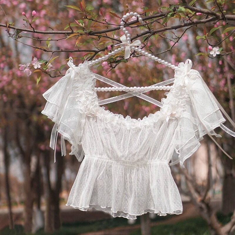 Ballet-Style Lace Soft Gauze Top with Summer Lightweight Short-Sleeve Lolita Shirt and Flutter Sleeves