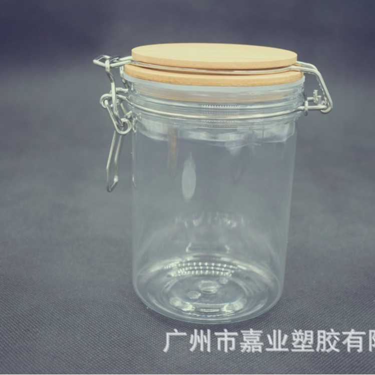 竹盖罐圆形750ml塑料卡扣密封罐中药密封罐 PET透明密封罐食品罐