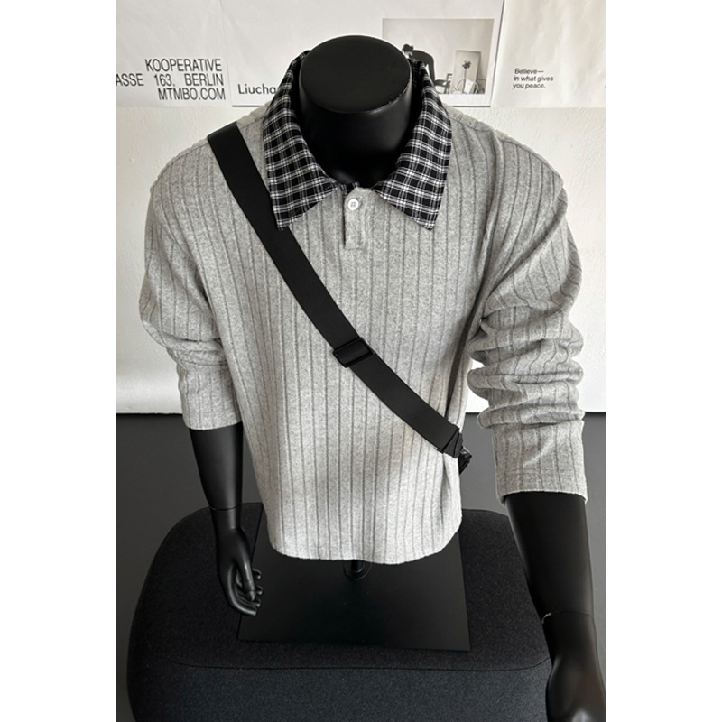 T-shirt a maniche lunghe da uomo con colletto risvoltato a quadri in stile coreano, look giovanile e pulito per la primavera, stile americano_voghion.com