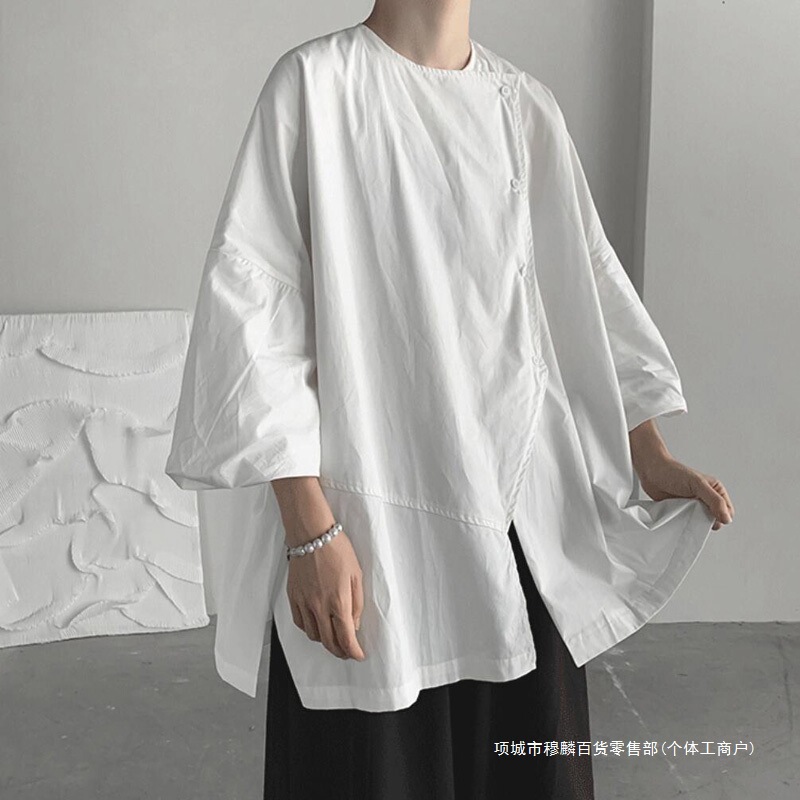 Design-Inspired Niche Three-Quarter Sleeve Shirt for Men, Summer Short-Sleeve, Cool Hong Kong Style, Japanese Style, Instagram Influencer Hairstylist, Irregular Top Design-Inspired Niche Three-Quarter Sleeve Shirt for Men, Summer Short-Sleeve, Cool Hong Kong Style, Japanese Style, Instagram Influencer Hairstylist, Irregular Top