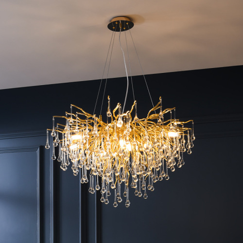 Modern Minimalist Chandelier with Waterdrop Crystal, Atmospheric Nordic Lighting, Aluminum Material, Tree-Shaped Staircase Ceiling Lamp, Creative Chandelier for Living Room