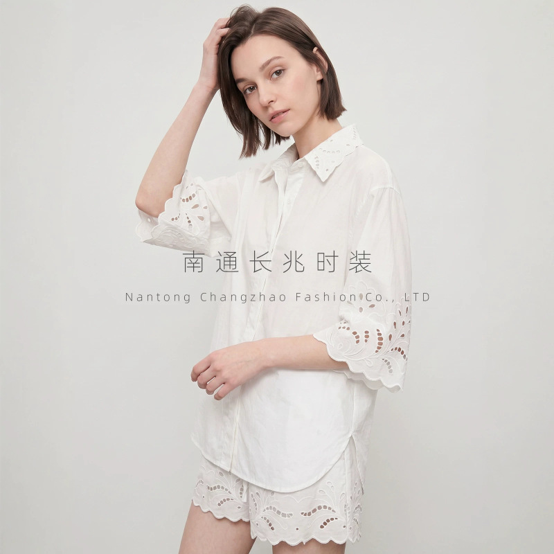 Ed*Tion× Sea Same Style Sicilian-Inspired Right-Angle Collar Silhouette Hollow-Out Embroidered Shirt for Women with Cut-Out Design