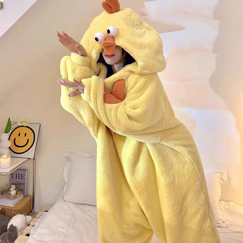 Little Yellow Chicken One-Piece Pajamas Autumn and Winter Coral Velvet Funny Girl Cartoon Pajamas Home Clothes Can Be Worn Outside for Couples