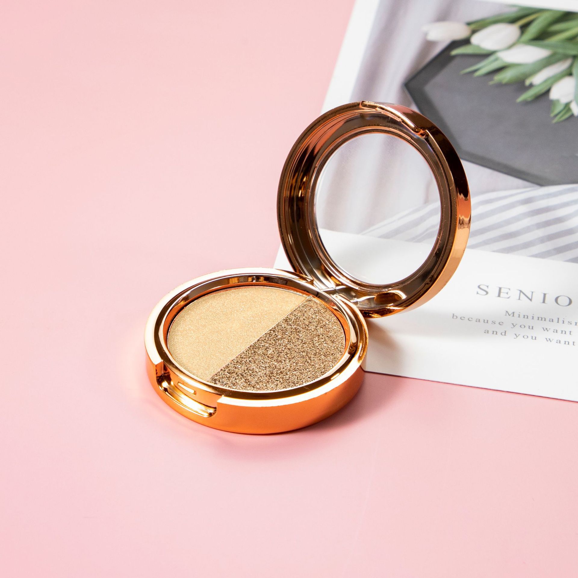 Maquillaje transfronterizo, sombra de ojos de dos colores, combinación de acabado nacarado en uno, paleta de sombras de ojos en polvo delicada y no voladora, multiusos