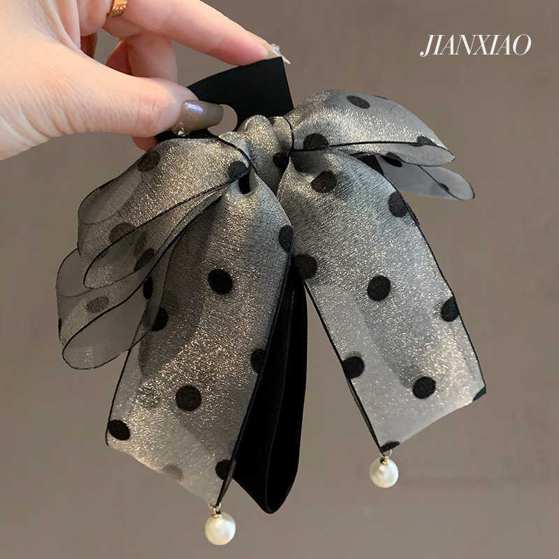 Korean Style Satin Snow Gauze Polka Dot Bow Clip Retro Pearl Pendant Elegant Shark Clip Hairpin for Women on the Back of the Head