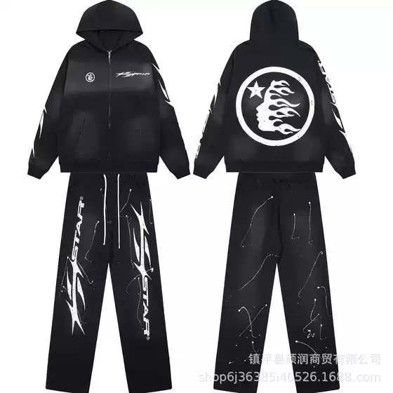 25SS Hell Star New Old Style Printed Spray Horse Monkey Wash Black Zipper Coat Straight Pull Hoodie Beautiful Trendy