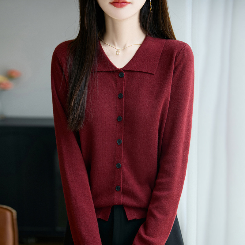 25年早秋新款精纺羊毛翻领针织开衫长袖女袖口格子拼色设计感上衣|undefined