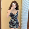 Sexy Swinging Neck Fragmented Flower Suspended Dress Wrapped Hip Dress